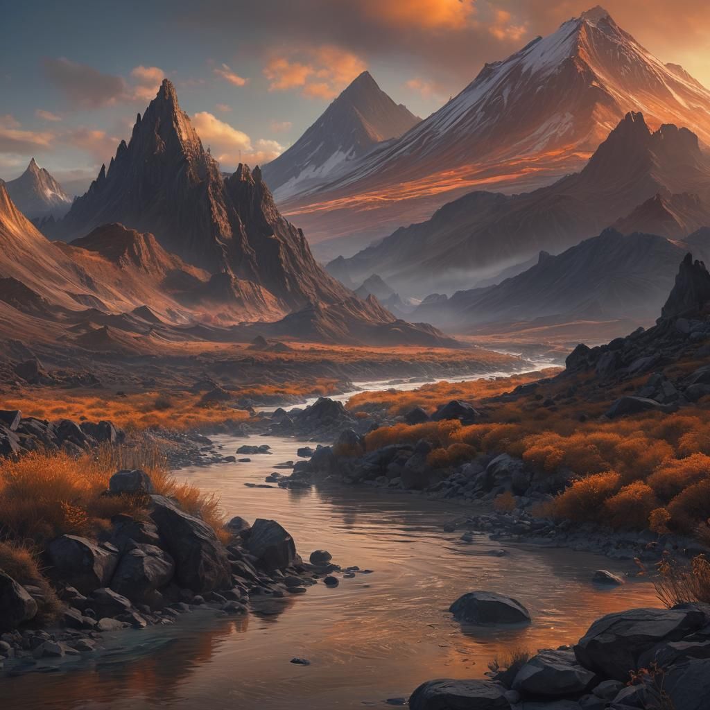 Tranquil River Between Volcanoes at Sunset