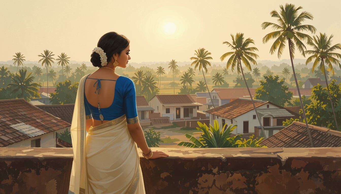 Indian Woman in Saree Overlooking Village, in Style of Maste...