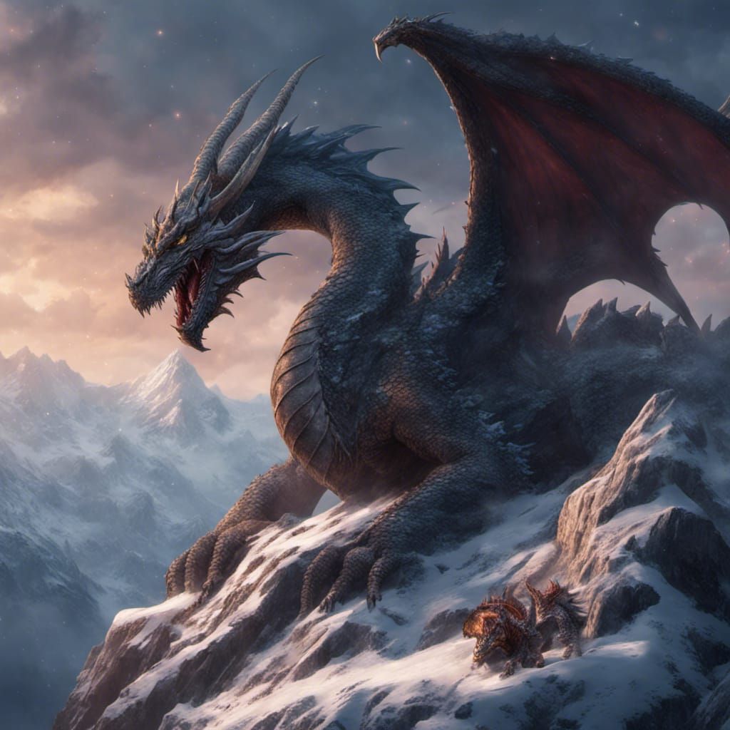 Majestic Dragon Sleeps on Snowy Mountain Top