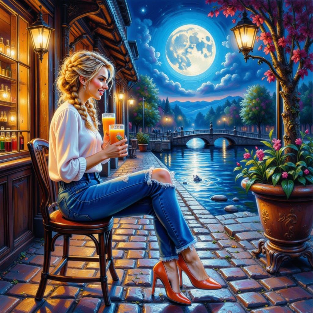Woman on Bar Terrace Under Full Moon Night