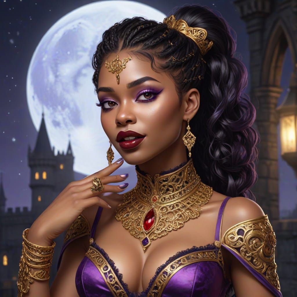 Vampire Woman Portrait with Golden Dress in Cartoon Style