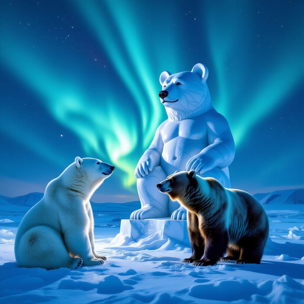 Bears Admire Giant Teddy Bear Statue Under Aurora