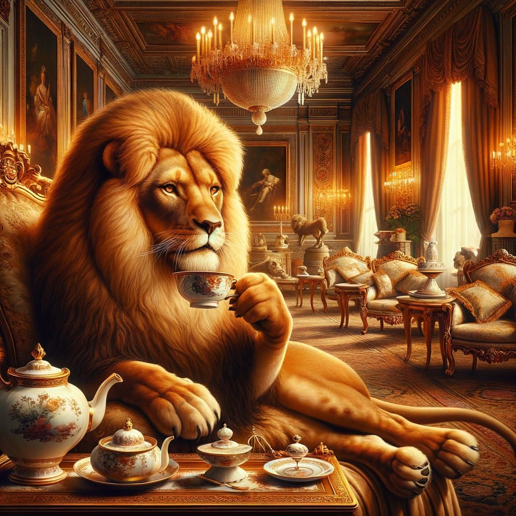 Royal Lioness Sipping Tea in Baroque Palace