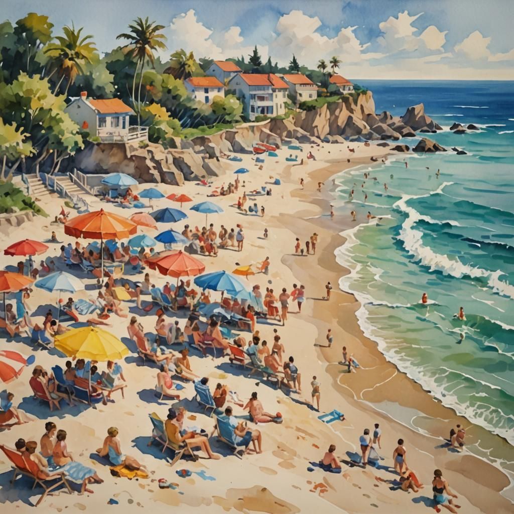 Gouache Beach Scene Impressionist Masterpiece