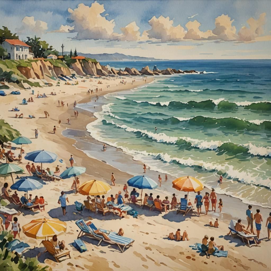Impressionist Beach Scene in Gouache and Watercolor