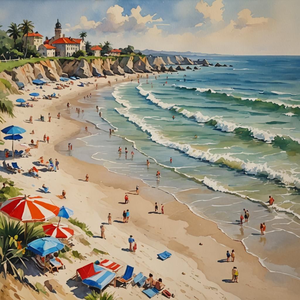 Impressionist Beach Scene Gouache and Watercolor Painting