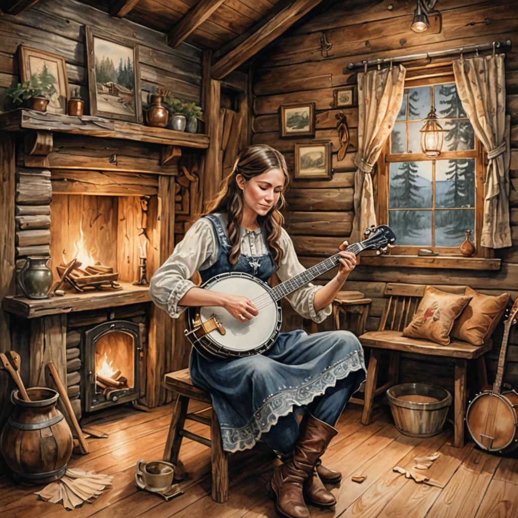 Young Girl Playing Banjo in Rustic Cabin