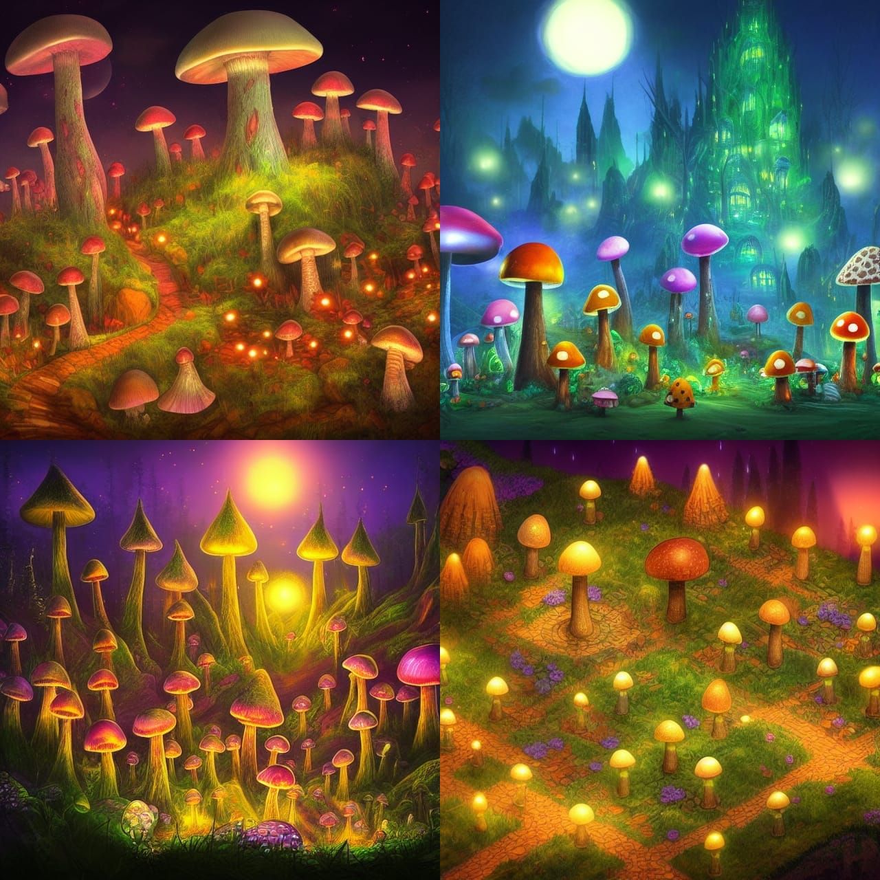 Magical Mushroom City at Night