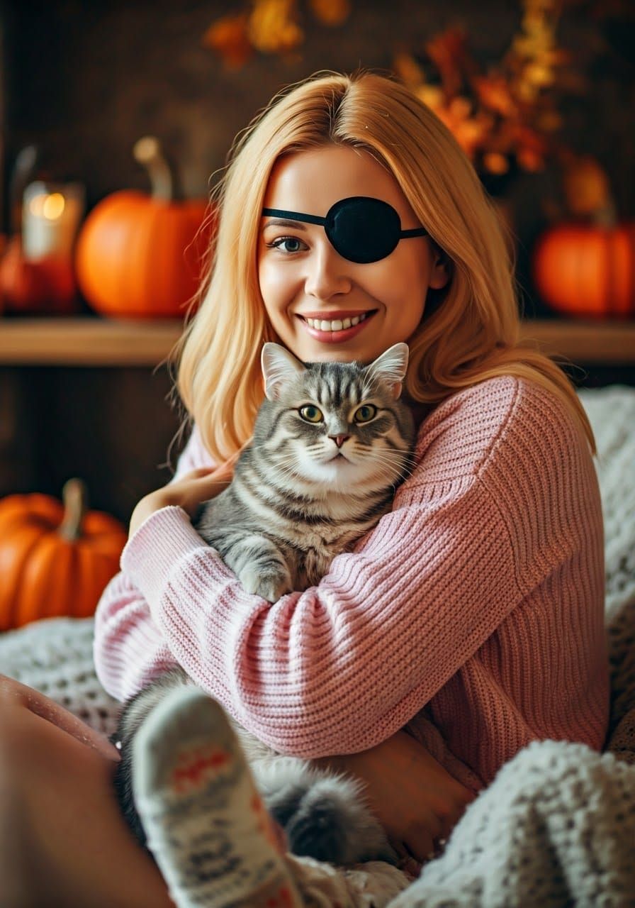 Woman and Cat with Matching Eye Patches in Autumn