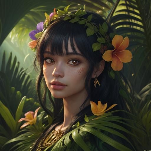 Mischievous Girl in Mystical Hawaiian Forest Oil Painting