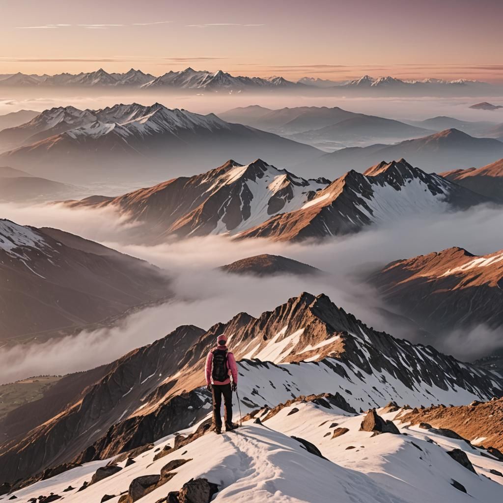 Lone Hiker at Mountain Summit Sunrise Landscape
