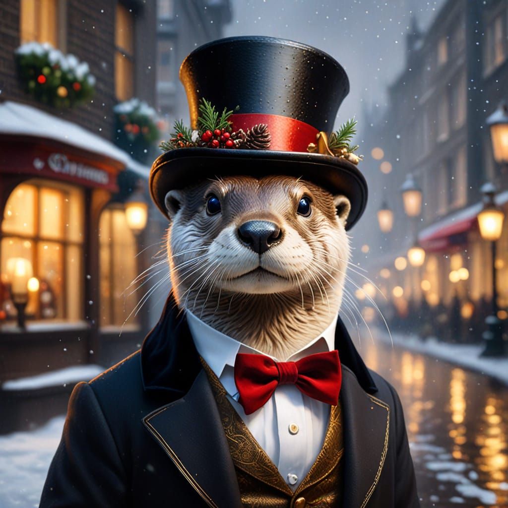 Victorian Otter Celebrates Christmas in London: Oil Painting