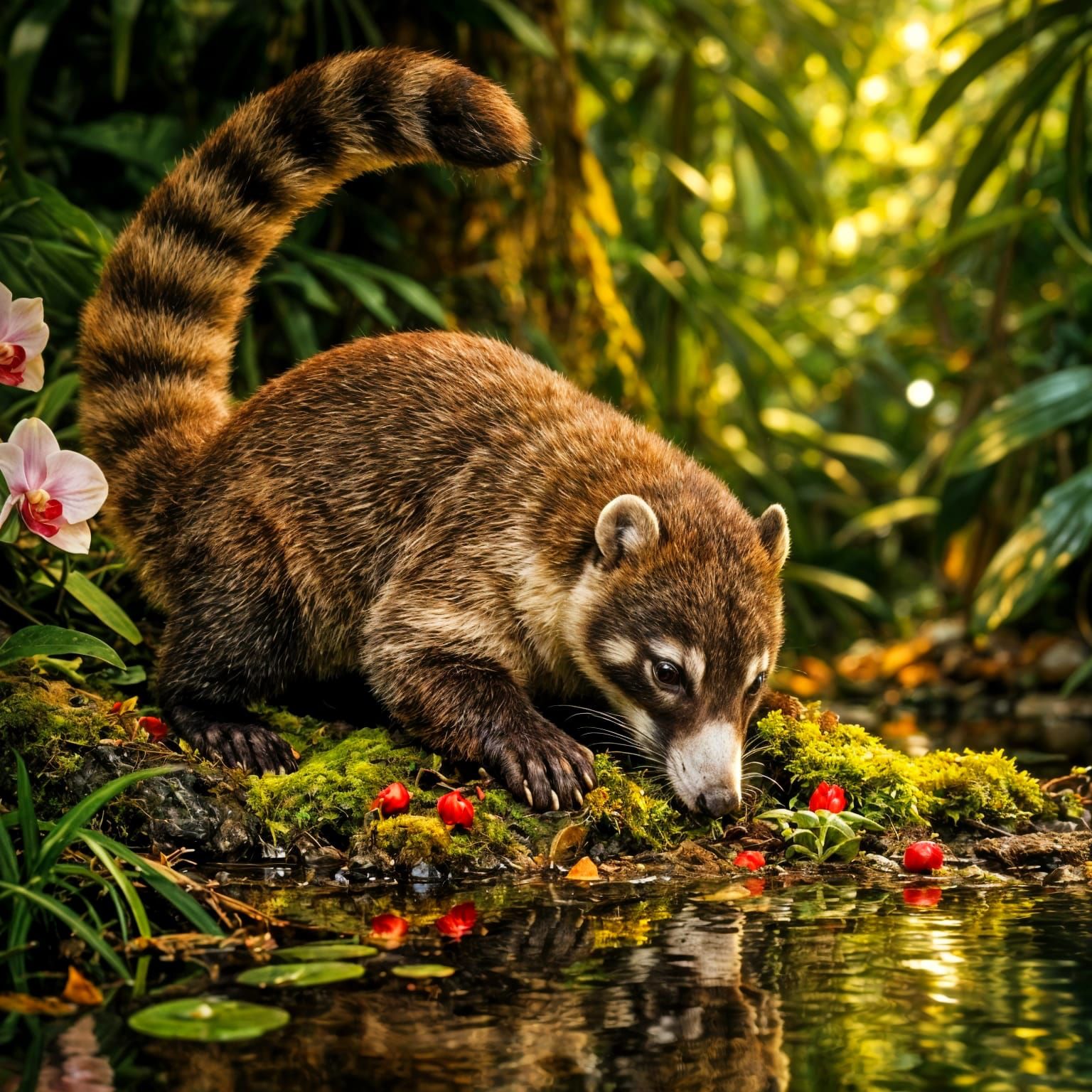 Coatimundi Digging in Jungle Pond with Orchids