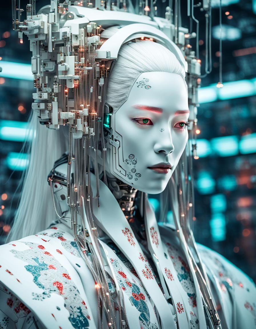 Android Geisha Portrait in Futuristic Repair Shop