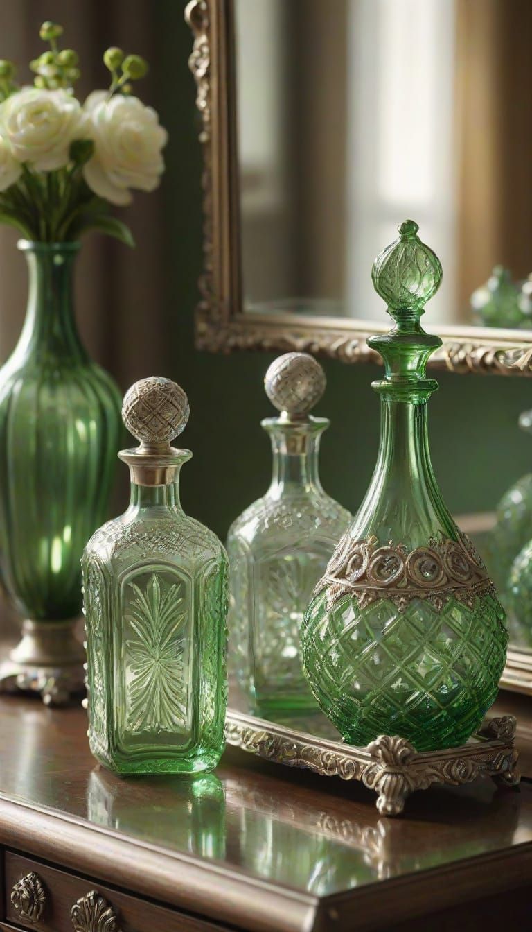 Elegant Green Glass Bottles Adorned with Ornate Silver Detai...