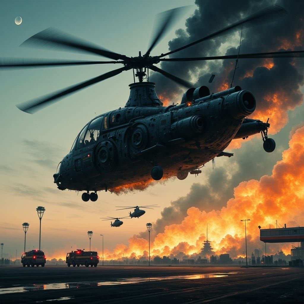 Evil Car Helicopter Over Futuristic Airport in Dark Concept ...