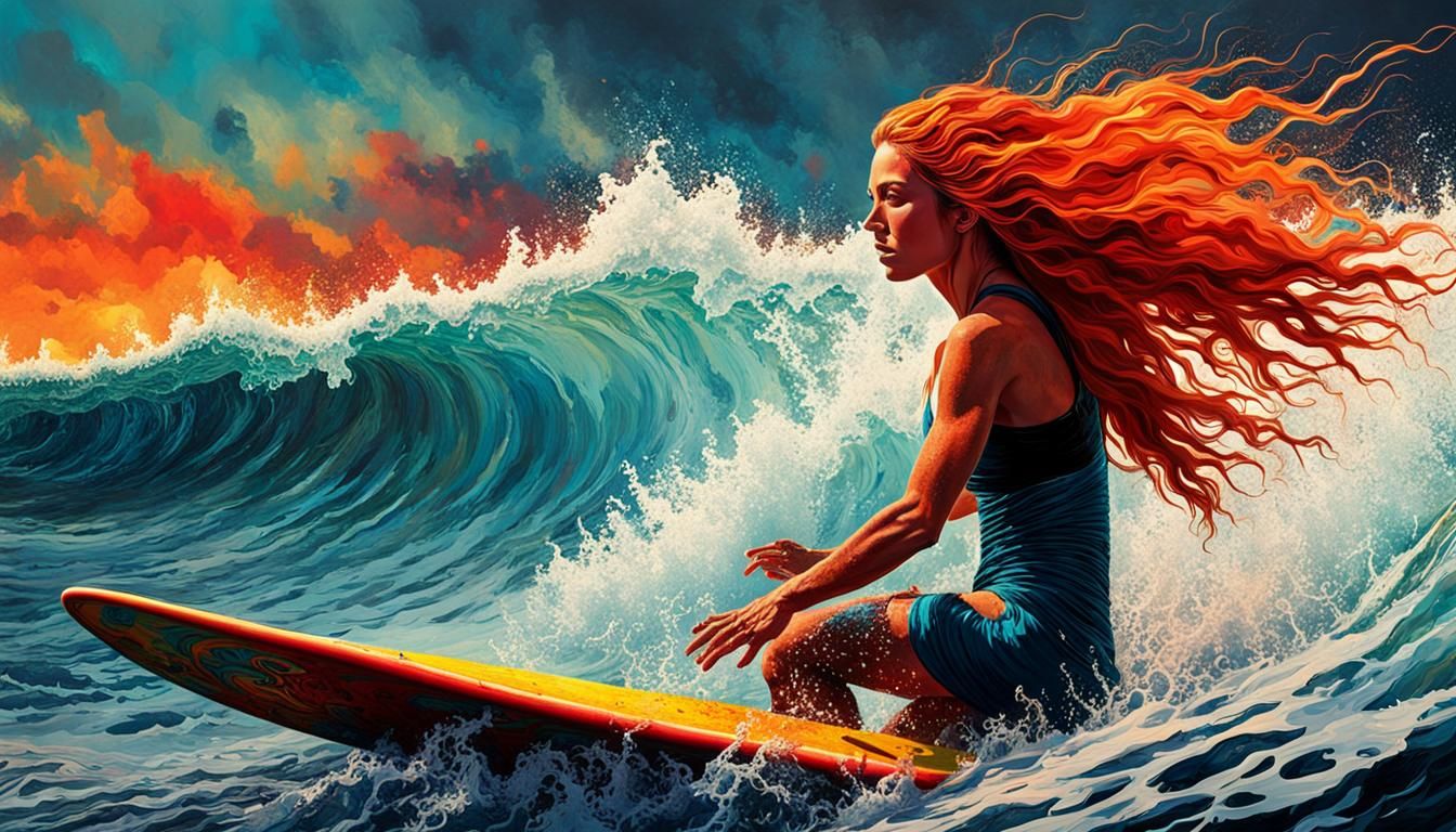 Vibrant Red-Haired Surfer on Lava Flow