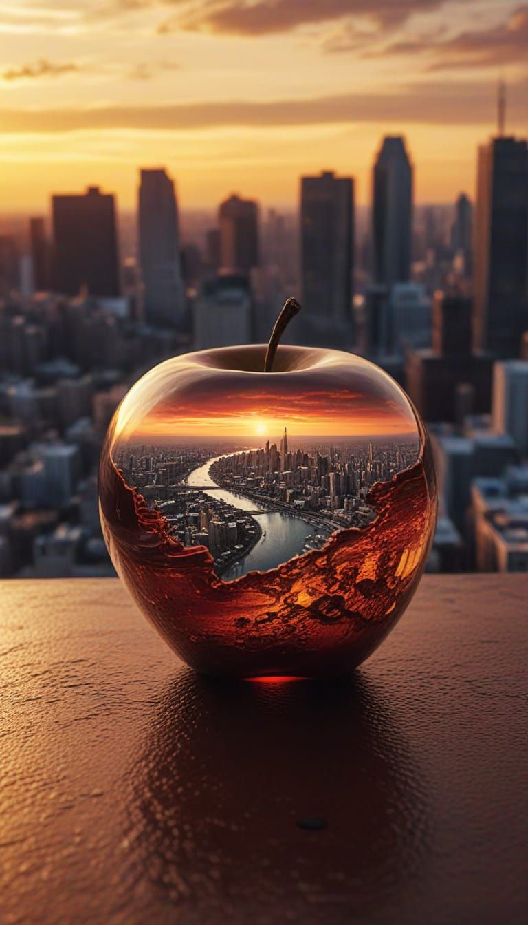 Hyperrealistic Glass Apple Landscape in Vibrant Sunset Color...