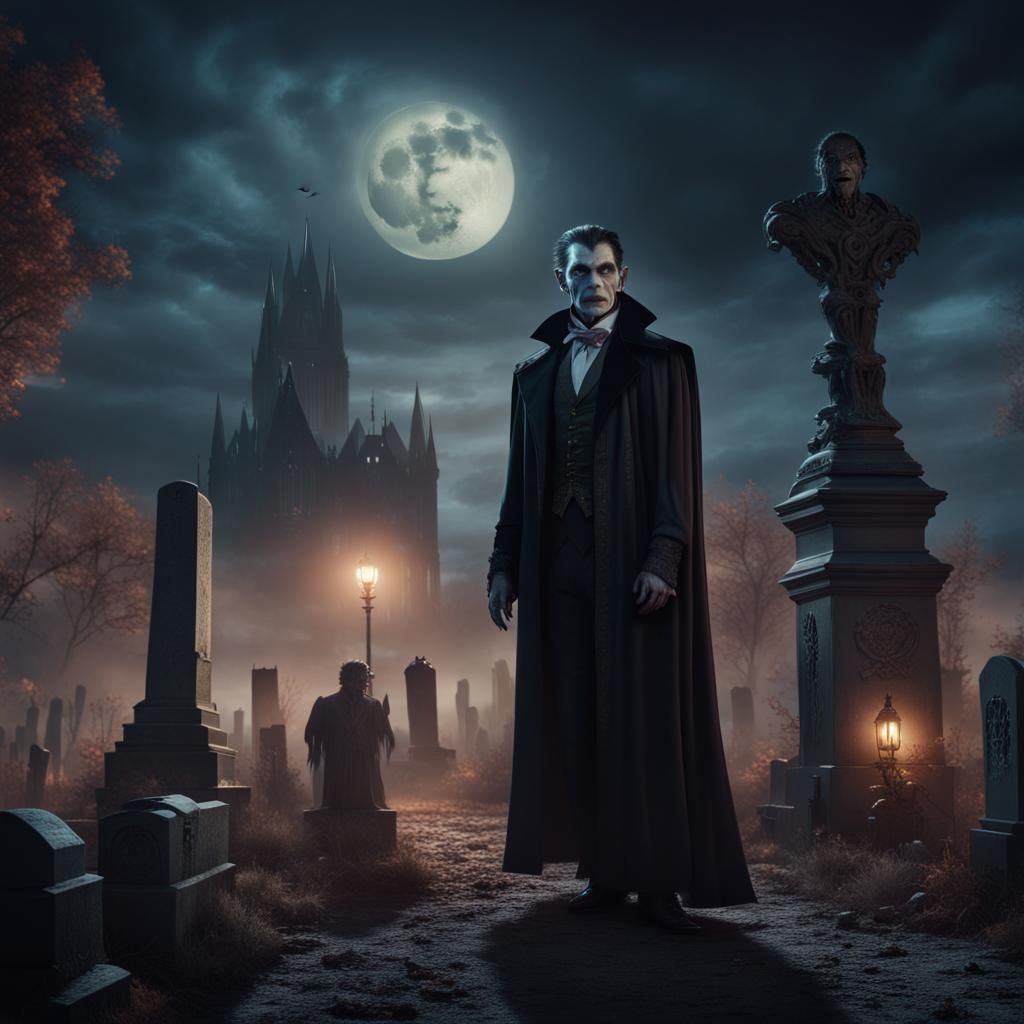 Dracula, Wolfman, and Frankenstein in Cemetery