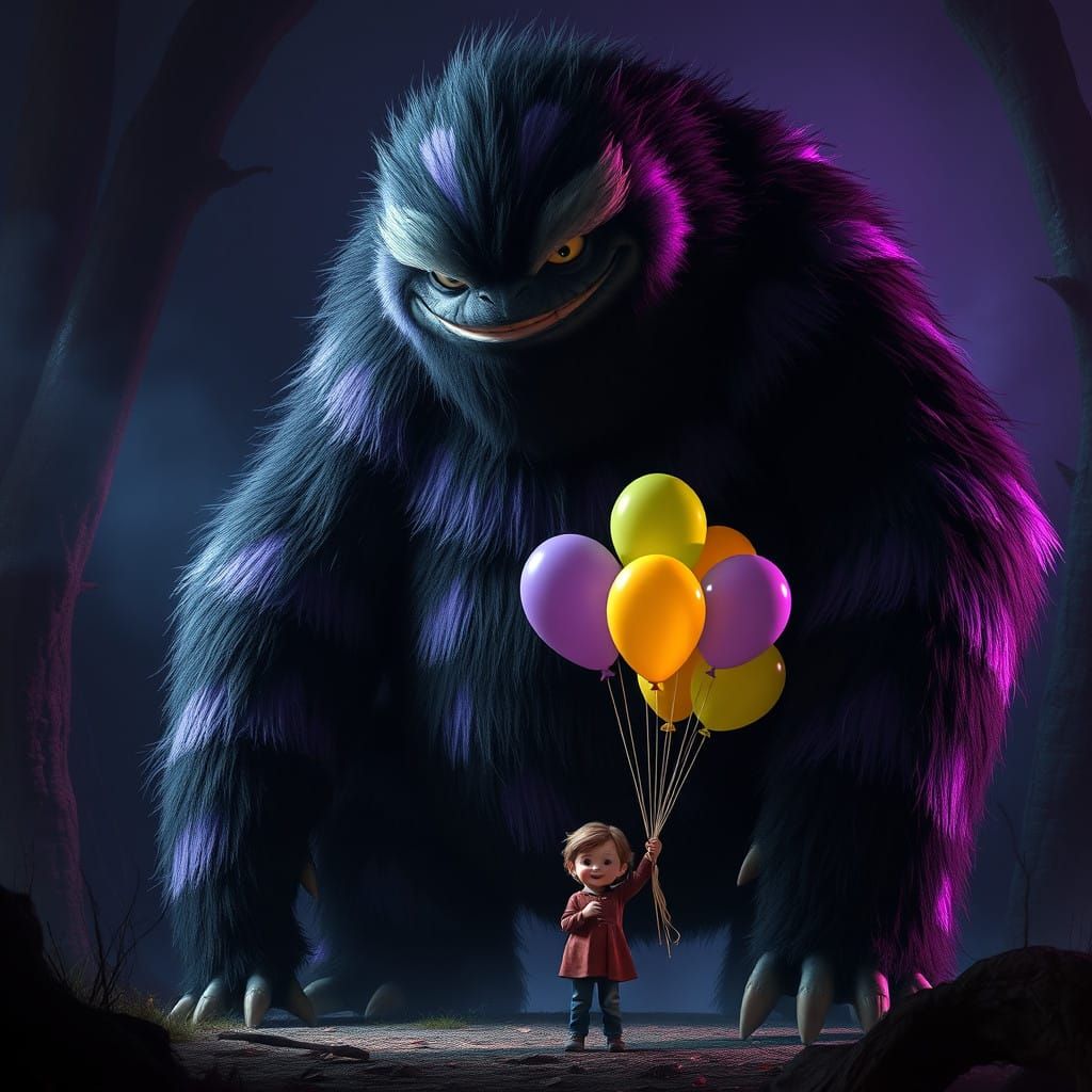 Gentle Monster Towers Over Child in Dark Fantasy Landscape