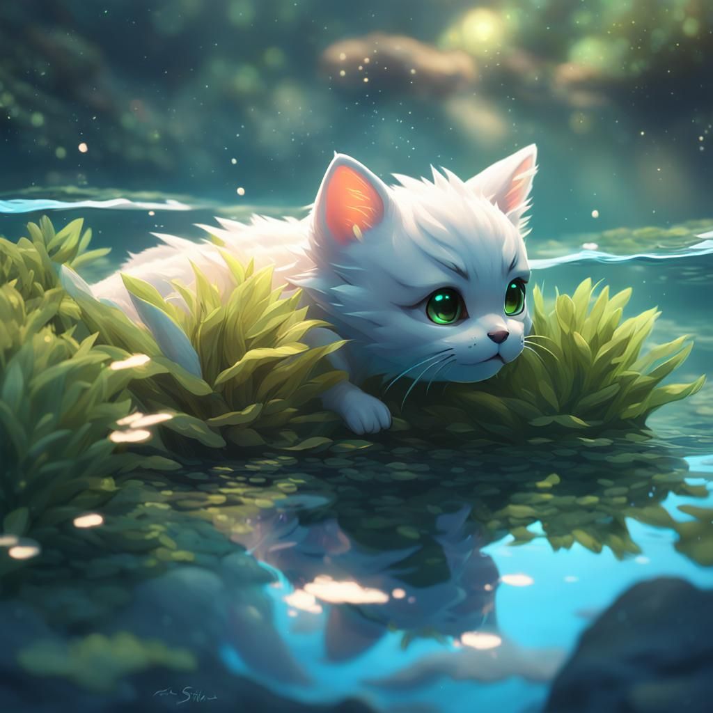 Hyper-Realistic Kitten-Shark Hybrid in a Serene River Scene
