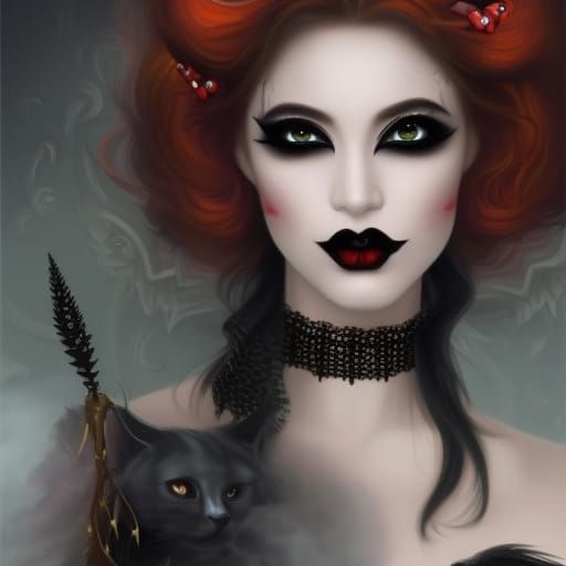 Young Gothic lady with cat’s-eye eyeliner and smoky black eyeshadow and Red eyeshadow and Black lipstick