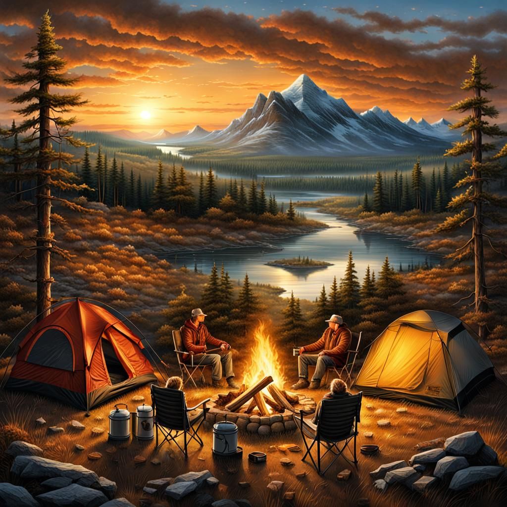 Perfect Camping with Friends, Campfire and Stunning Sunset Landscape. AI image prompt in my tutorials!