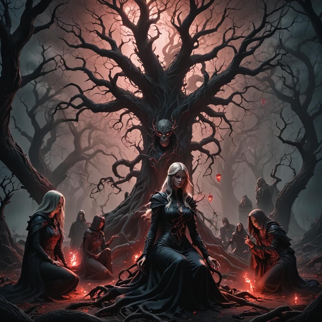 Dark Fantasy: Figures Kneeling in Ominous Light