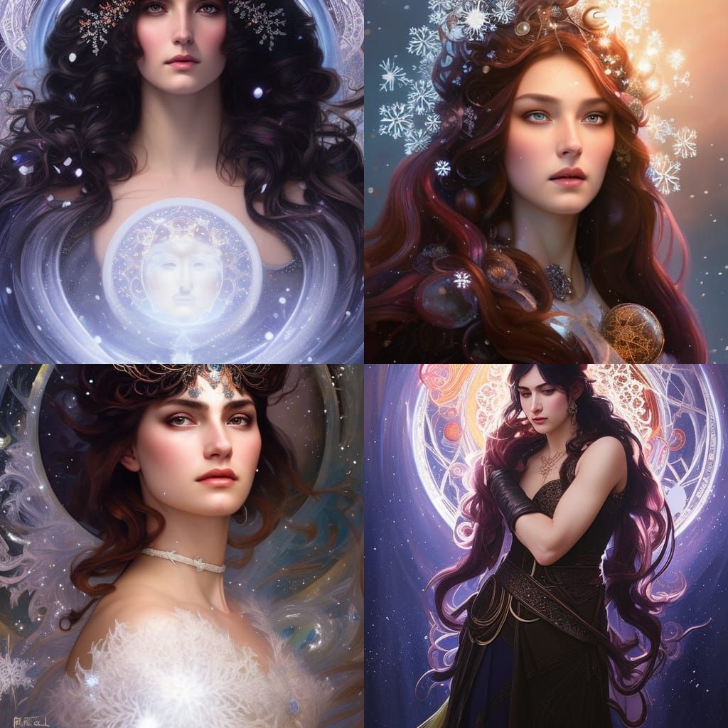 Wiccan Goddess Portrait with Snowflakes, Detailed Digital Ar...