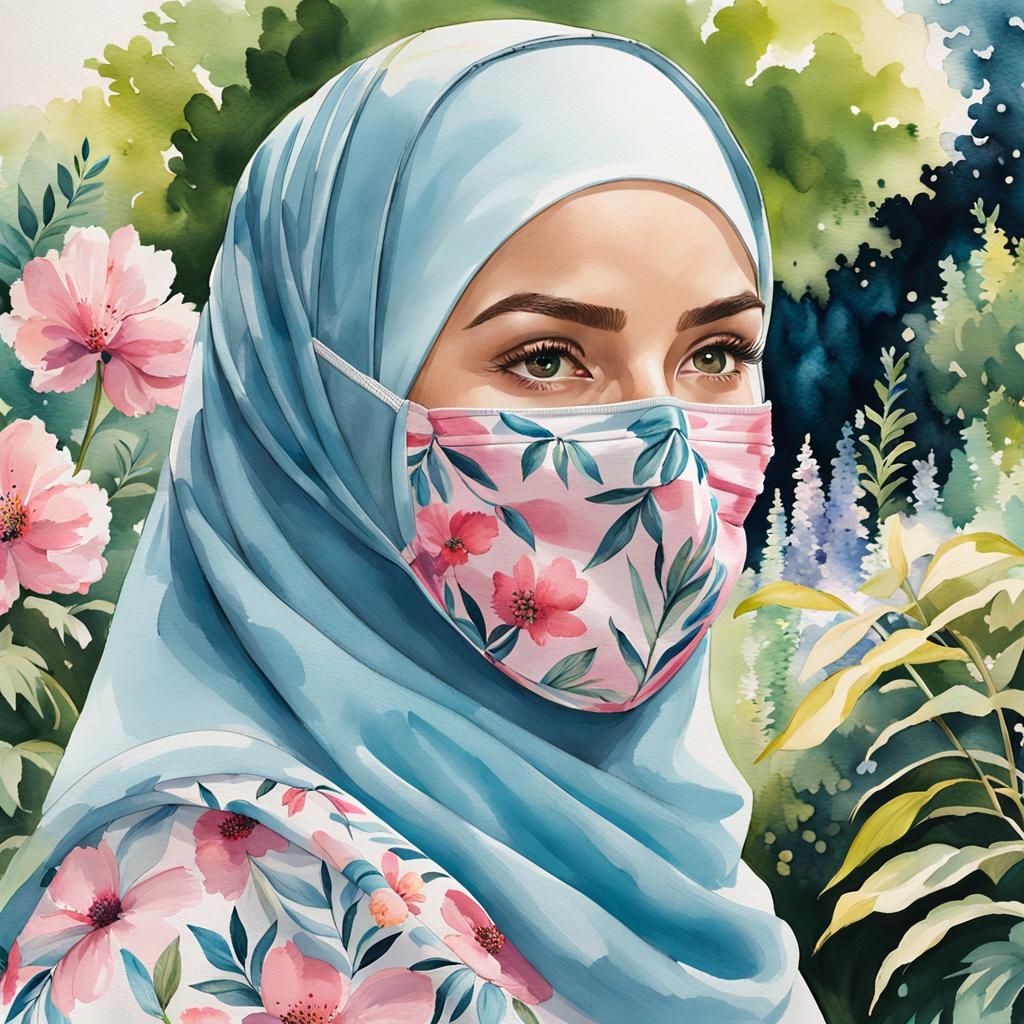 Stylish Hijabi Woman in Botanic Garden Watercolor