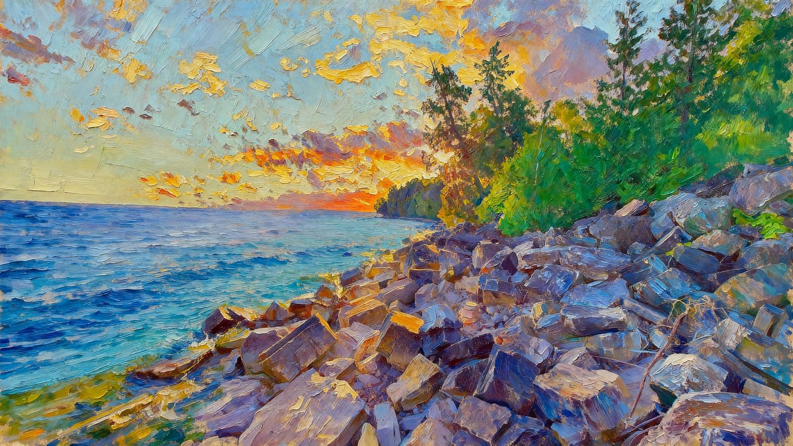 Vibrant Acrylic Sunrise Over Serene Landscape