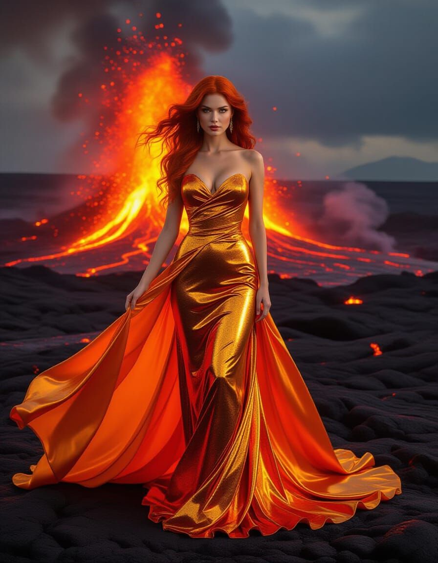 Volcanic Goddess in Molten Gold Gown
