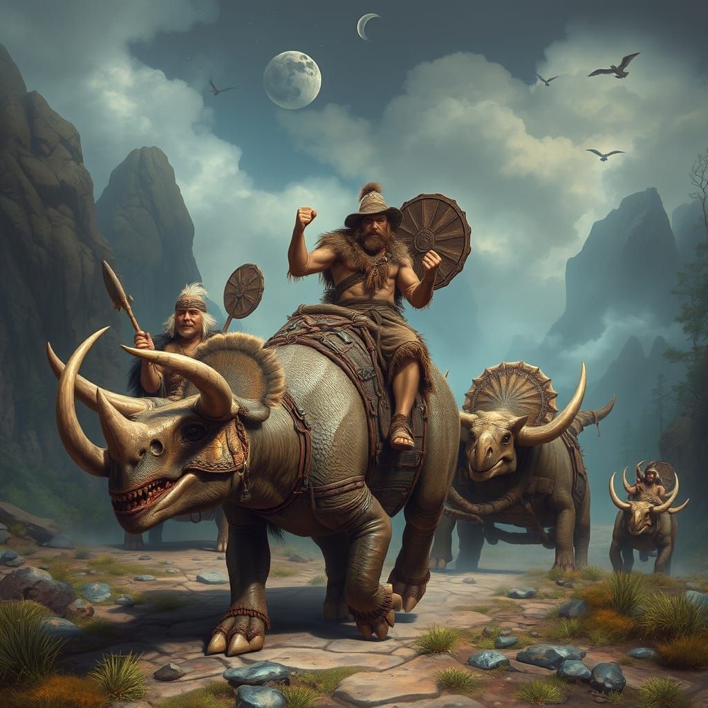 Cavemen Ride Triceratops in Mystical Landscape