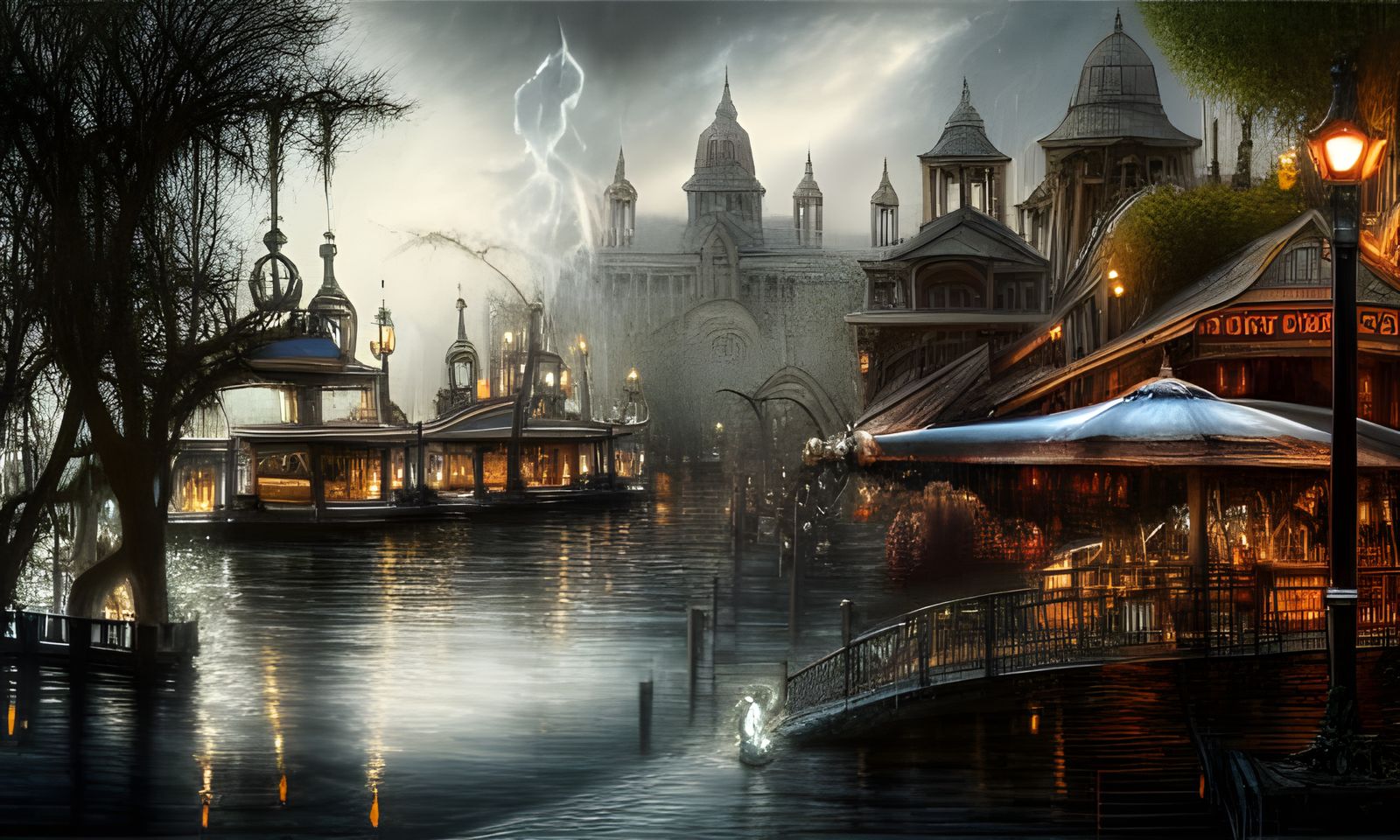 Magical Riverfront Cafe in Digital Painting Style