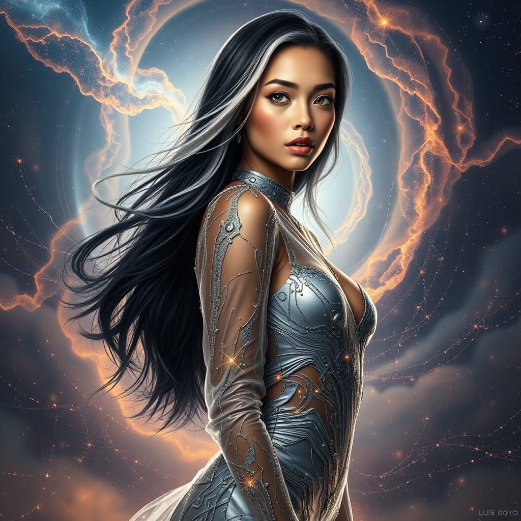 Cosmic Latina in Liquid Silver Gown, Digital Art