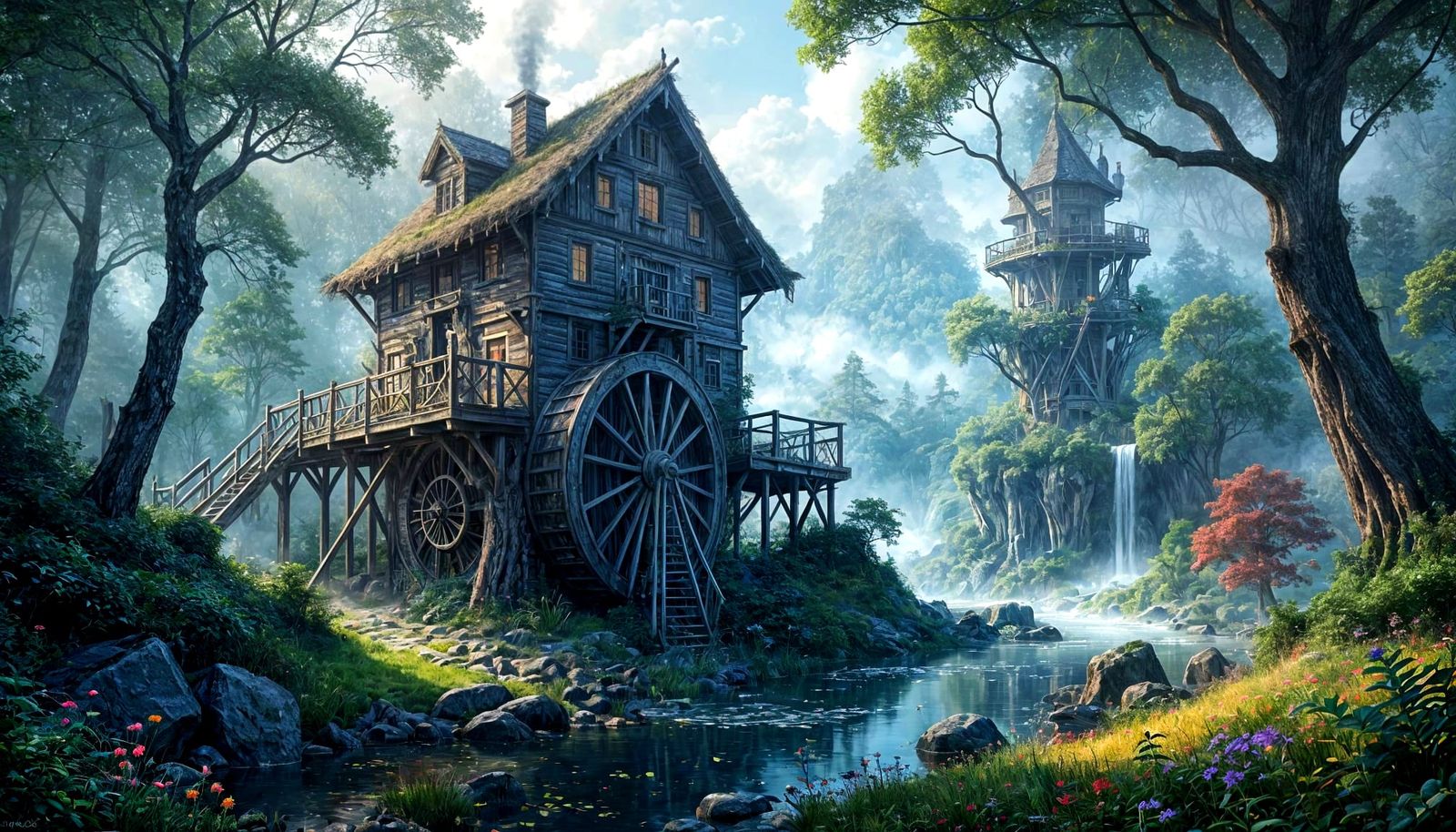 Fantastical Rustic Mill by Reflective Lake with Twin Moons