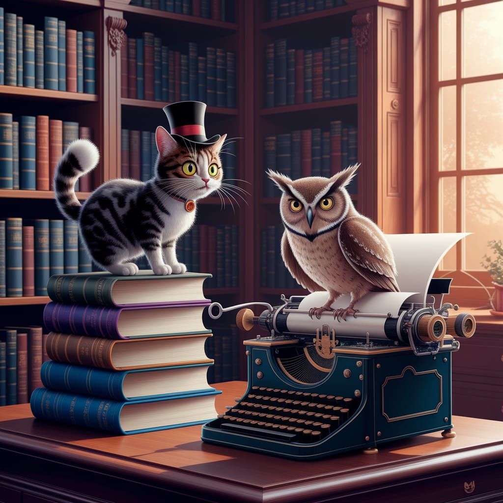 Whimsical Cat Triumphs Over Owl in Cozy Library Scene