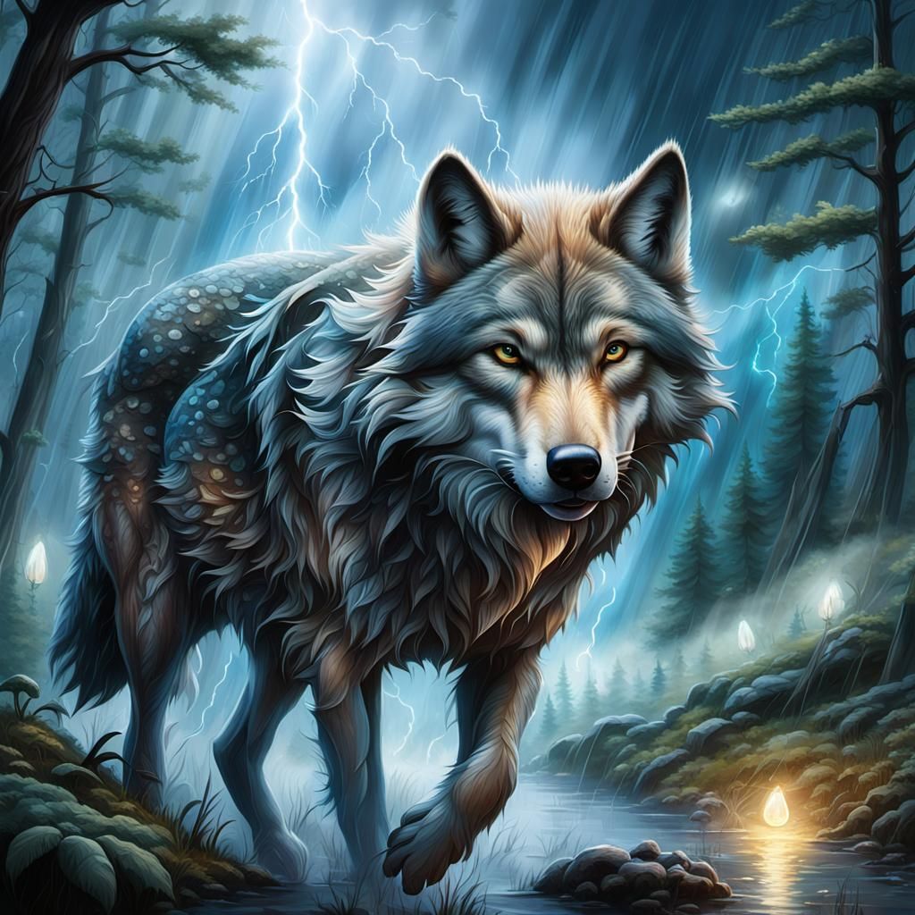 Wolf Running in Raindrop, Fantasy Art