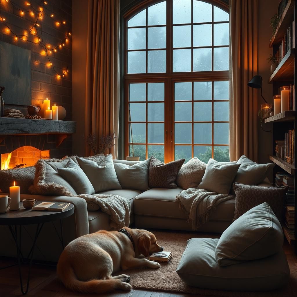 Cozy Fireplace Living Room with Rainy Night View