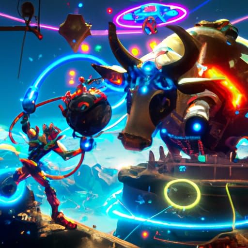 Cosmic Cattle Attacked by Robot Cowboy: Fantasy Art