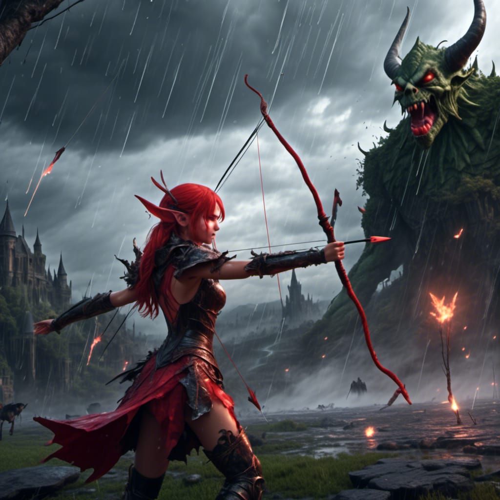 Elf Archer vs. Demon in Rainstorm