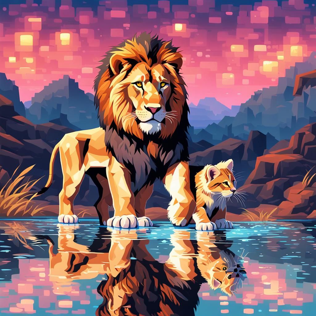 Pixel art. Medium shot. High detailed lion drinking water an...
