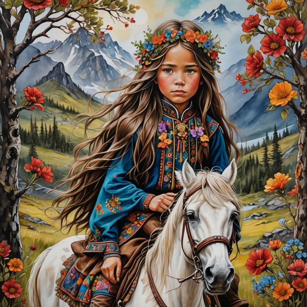 acrylic painting, alcohol ink, whimsical folk art, 3d, Scottish child, long hair with flowers, cute face, traditional cl...