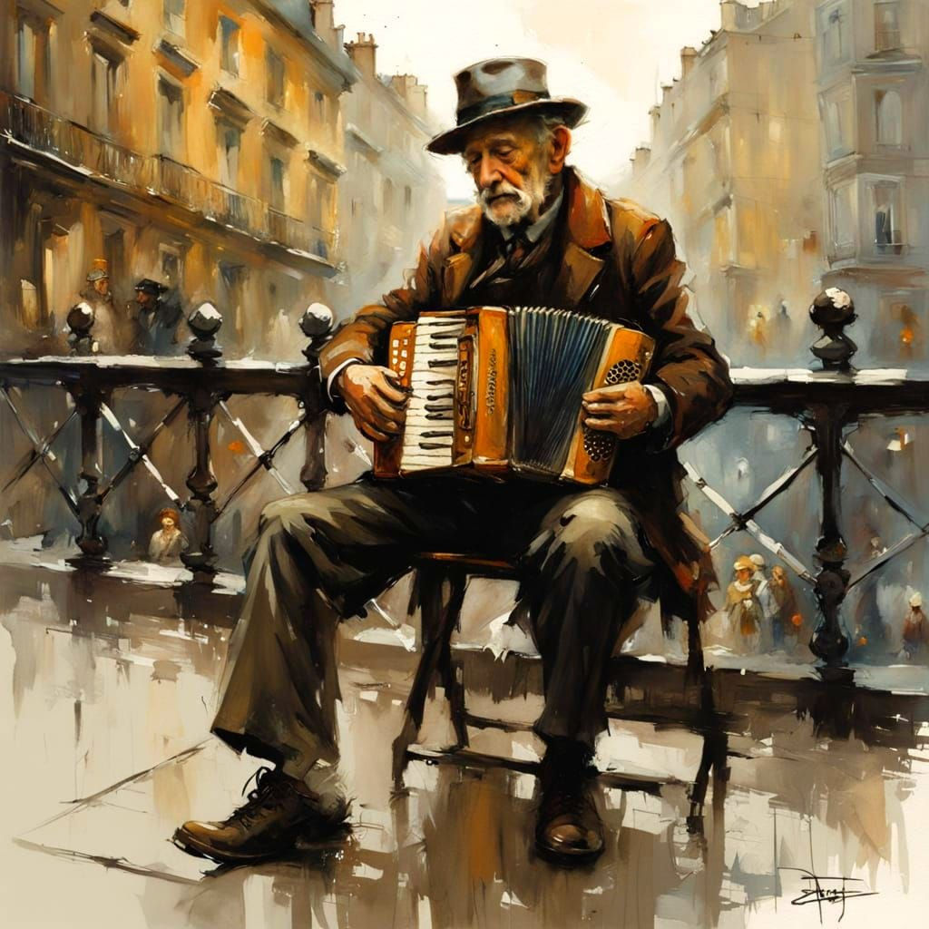 A wistful elderly man plays the accordion on a rooftop.