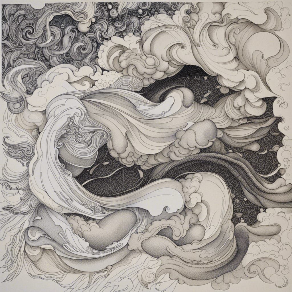 Dramatic Storm at Sea in Black and White Line Art