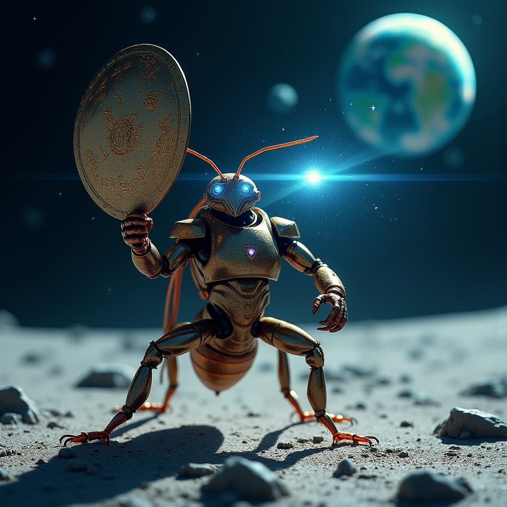 Armored Ant Guardian on the Moon in Concept Art Style