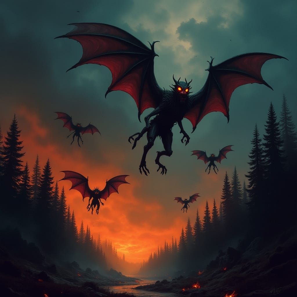Dark, Gothic Imps Soar Amid Burning Forest Inferno