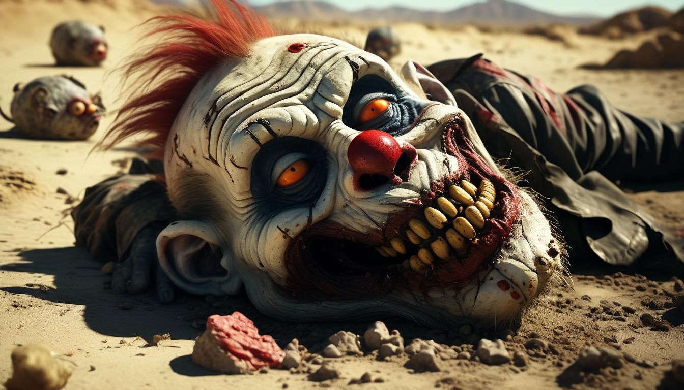 Rotting Zombie Monkey Clown in Desert Landscape