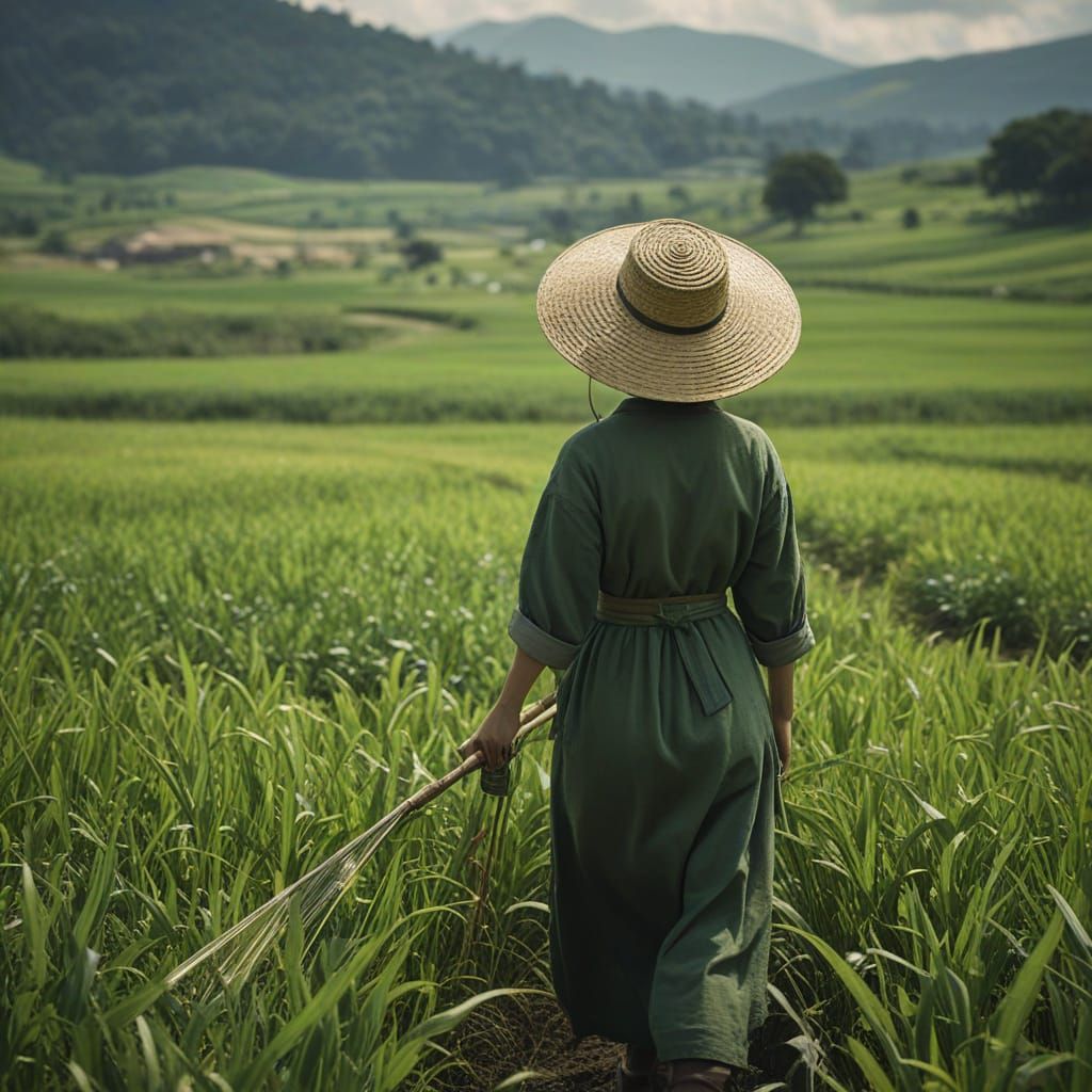 Farmer in Earth-Toned Attire Tending to Lush Green Crops in ...
