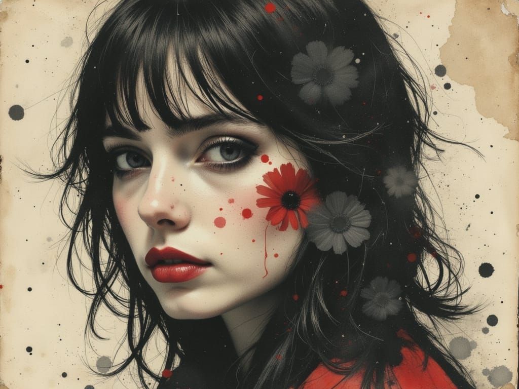 Ethereal Gothic Woman Portrait in Watercolor and Ink